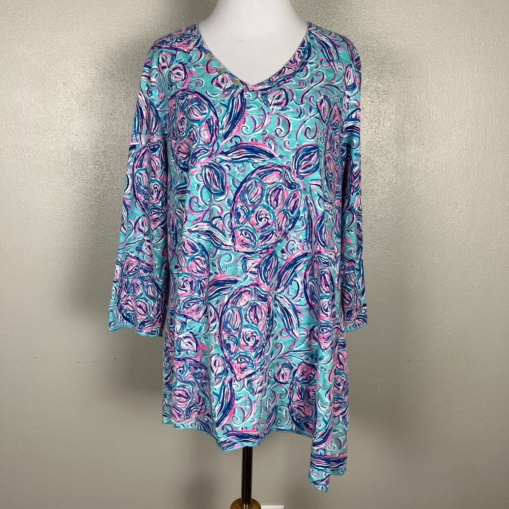 Lulu B Tunic Top Women Large Blue Pink Colorful Asymmetric 3/4 Sleeve Crossover